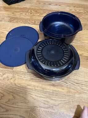 Tupperware 3 QT Stack Cooker Microwave Steamer Dark Blue 7 pcs